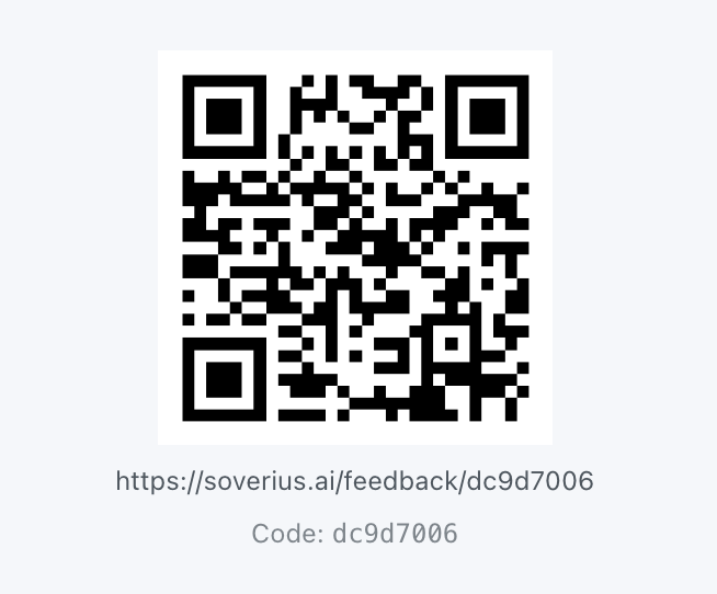 QR code for feedback at soverius.ai/feedback/dc9d7006, code dc9d7006