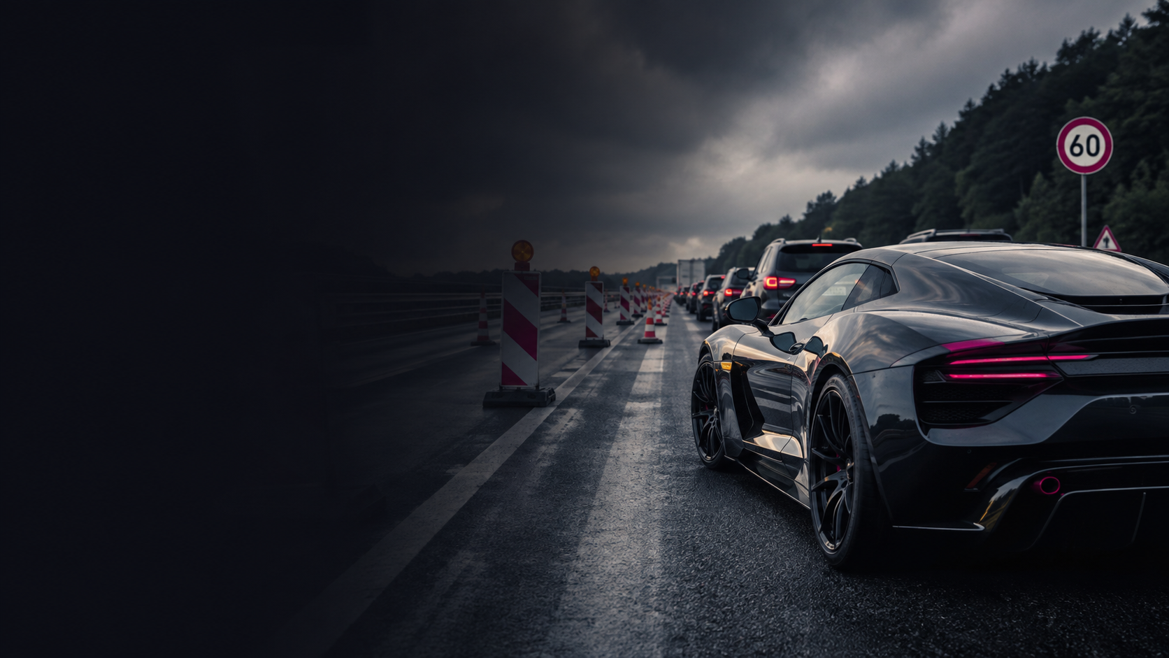 A high-performance sports car caught in traffic and roadworks